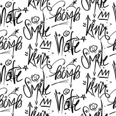 Fototapeta premium A pattern of inscriptions in a modern graffiti style. Inscriptions, the words smile, bomb, hate, king. Background with fashionable vector texts illustration on a white background. Texture with street
