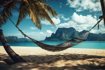 hammock on the sandy beach with mountain in the background Generative AI