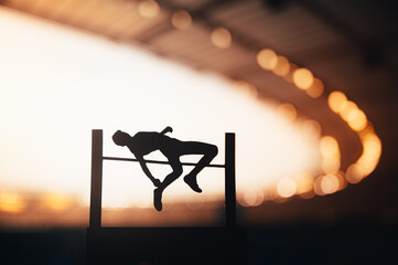 Silhouette of High Jumper Transcending Limits at Modern Stadium. Photo for Summer Games 2024 in Paris. Edit Space for Your Montage