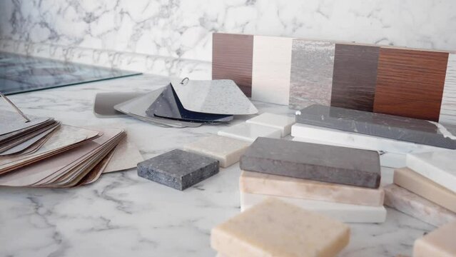 Furniture production. Catalog of samples of materials for kitchen countertops, facades made of artificial stone, plastic, laminate and chipboard