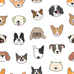 Seamless Pattern with Cartoon Dog Face Design on White Background