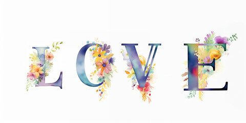 Embrace the Artistry word  " Love " : Vibrant Watercolor Lettering with Blossoming Floral Delights