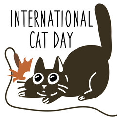 International Cat Day on August 8. Abstract charismatic funny cat is playing with a toy. A postcard, a banner, a flyer for a holiday in the flat style. Poster of the Day of cats, pets