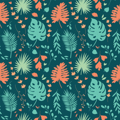 Background of tropical foliage in rich colors. Botanical seamless pattern. Tropical palm leaves in silhouette on a dark background