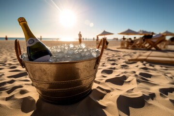 Close up on a bottle of sparkling wine in an ice bucket on the beach
