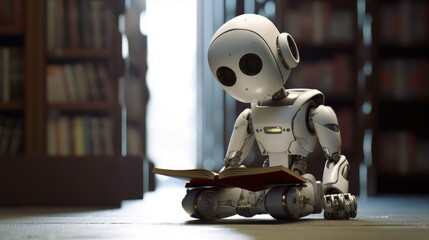  Robot sits in the library and read books
