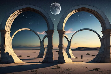 Mirrored Archway at Twilight Moon Reflections Sunset Architecture Landscape Desert