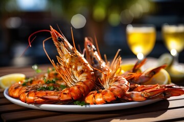 Large grilled shrimp and white wine in a glass on a table. Generative AI.