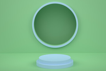 Pastel green cylinder podium with steps on blue background