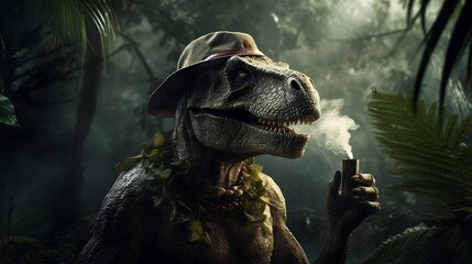 T-Rex is smoking sigaret and drinking beer in the jungle. Generative AI