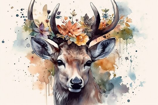 Watercolor portreit of deer with flowers on the head. Generative AI