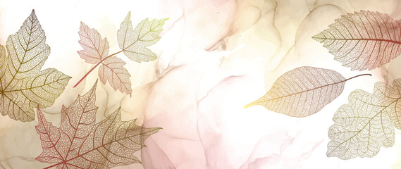Modern creative design,  background marble texture with leaves. Alcohol ink. Vector illustration.