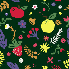 Artistic seamless pattern with abstract flowers and fruits
