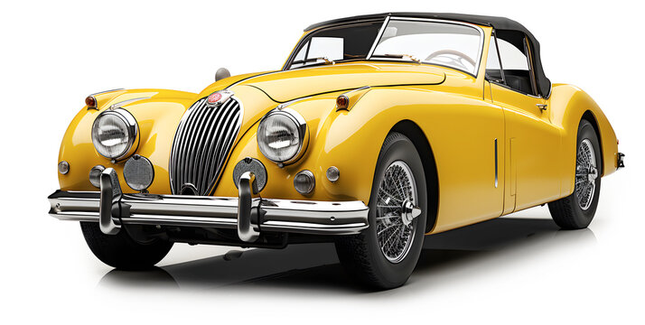 Sports vintage yellow convertible Jaguar XK140 on a White Background - AI generated
