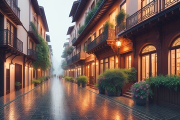 Empty streets and roads with no traffic during rainy days in asian city. Generative AI