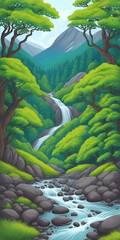 Cartoon river in the forest. AI generated illustration