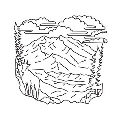 Mono line illustration of mountain goat in Denali National Park and Preserve, formerly known as Mount McKinley National Park Alaska n the United States of America USA done in monoline line art style.