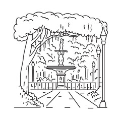 Mono line illustration of the Forsyth Park or the Military Parade Ground in the historic district of Savannah, Georgia in the United States of America USA done in monoline line art style.
