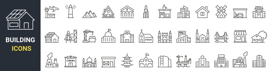 Set of 36 web icons Building in line style. Airport, Office, Hotel, Hospital, Insurance, town house, mall, coffee, . Vector illustration.