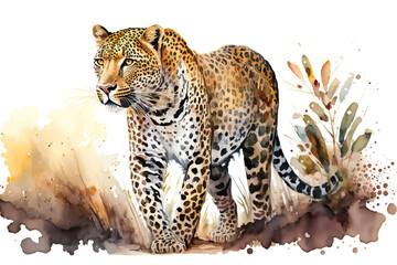Beautiful jaguar in the bushes, watercolor illustration generative AI
