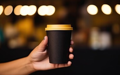 Woman hand holds paper takeaway coffee or tea cup on coffee shop or restaurant background generative ai