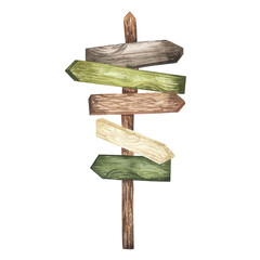 wooden signpost on a tourist route watercolor hand drawn. Way sign to summer camp, hiking trail. Guidepost arrow. Sketch isolated illustration © Elena