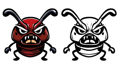Angry bug cartoon mascot vector illustration, Mad insect with angry face stock vector image, colored and black and white line art