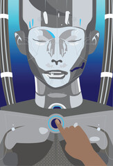 Person Interacting with AI Robot Technology, Pressing The Start or Off Button