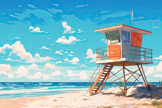 large lifeguard station on the beach with blue sky Generative AI