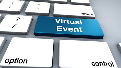 3D Illustration of Keyboard with the Word Virtual Event