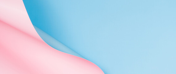 Abstract wave of pastel pink and light blue colors. Creative geometric curved paper with light and shadows. Abstract geometry banner background with copy space