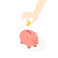 Fototapeta premium Hand puts coins in a piggy bank. Money savings concept. Vector illustration in a trendy flat style isolated on white background.