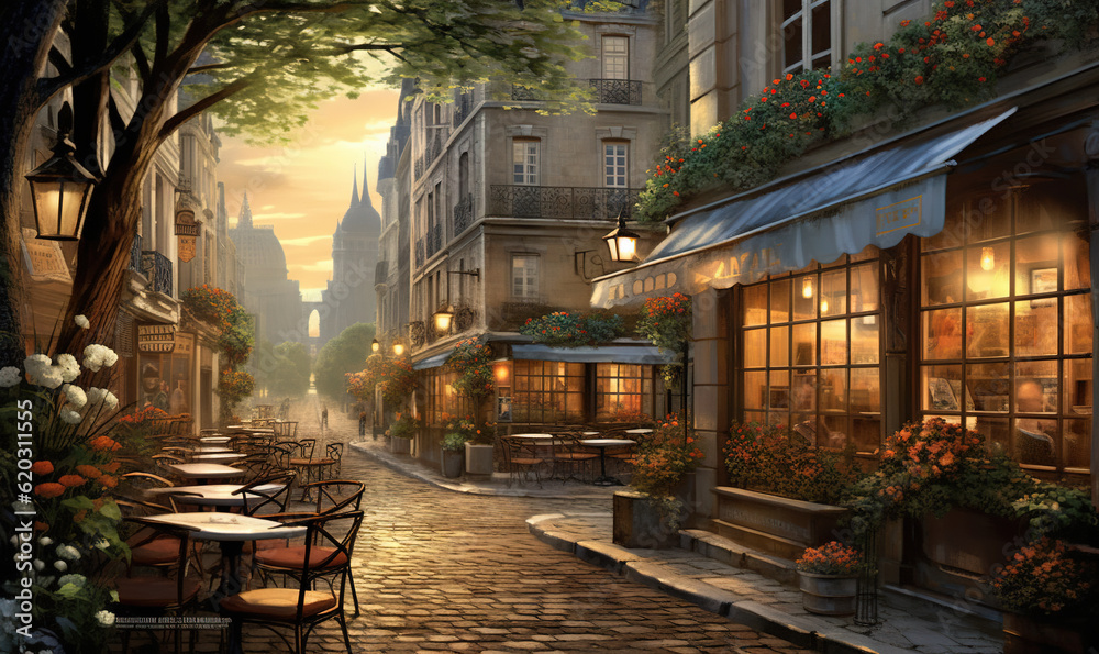 Canvas Prints  a painting of a city street with tables and chairs on the sidewalk.  generative ai