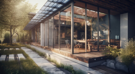Fototapeta na wymiar Modern eco-friendly single-family homes with photovoltaic cells, generative AI
