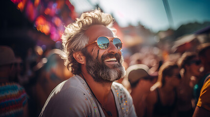 man enjoying music festival, rainbow pride, colorful, outdoor,  summer, concert , party with dj, summer, disco club outside, fun youth, entertainment festive concept, ai generative