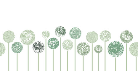 seamless border background with hand drawn abstract green flowers like allium and dandelion on white. Doodle style floral illustration. - obrazy, fototapety, plakaty
