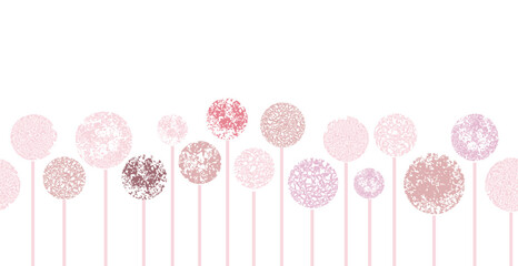 seamless border background with hand drawn abstract pink flowers like allium and dandelion on white. Doodle style floral illustration. - obrazy, fototapety, plakaty