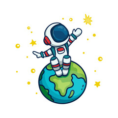 Naklejka premium cute astronaut sitting on the earth and playing with a star. Vector illustration 