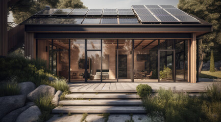 Fototapeta na wymiar Modern eco-friendly single-family homes with photovoltaic cells, generative AI