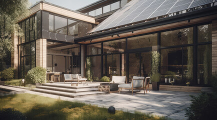 Modern eco-friendly single-family homes with photovoltaic cells, generative AI