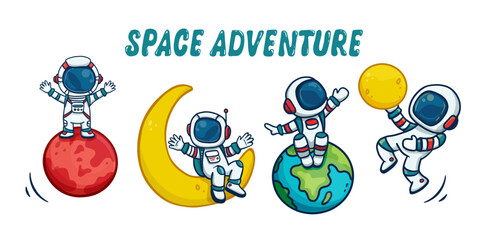 set of cartoon astronauts isolated on white background. Doodle style, for book. Vector illustration
