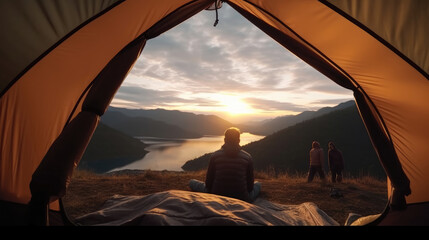 Amazing view of sunrise from a tent on the mountain