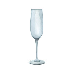 Empty elongated, elegant champagne glass. Watercolor illustration, hand drawn. Isolated object on a white background.