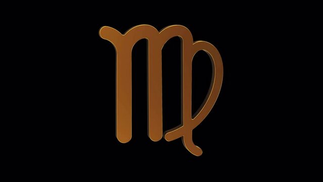 Golden virgo zodiac sign 3d rotating on alpha channel background in seamless loop.