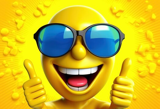 Good idea emoji. Thumbs up emotion. Happy and laughing smiley in sunglasses. Social media concept. Facial expression. Generative AI. Illustration for banner, poster, cover, brochure or presentation.