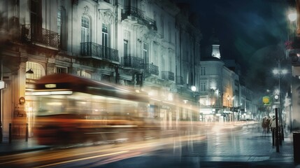 Road with light trails of passing vehicles. Motion speed light in city. Dynamic background. Town at night with speed traffic. Generative AI. Illustration for banner, poster, cover or presentation.