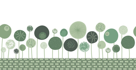 seamless border background with hand drawn abstract green flowers like allium and poppies behind a brick wall. Doodle style floral illustration.