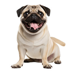 a cute pug sitting on the ground with its tongue out - obrazy, fototapety, plakaty