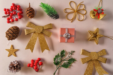 Fototapeta na wymiar Festive Christmas ornaments and decorations on white background.
