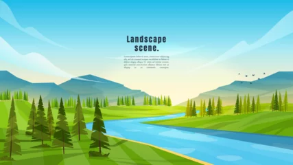 Foto op Canvas Vector illustration. Meadow polygonal landscape. Clear sky background. Lake by forest. Graphic modern ecology wallpaper. Abstract art. Minimalist style. Design element for web banner, website template © VVadi4ka